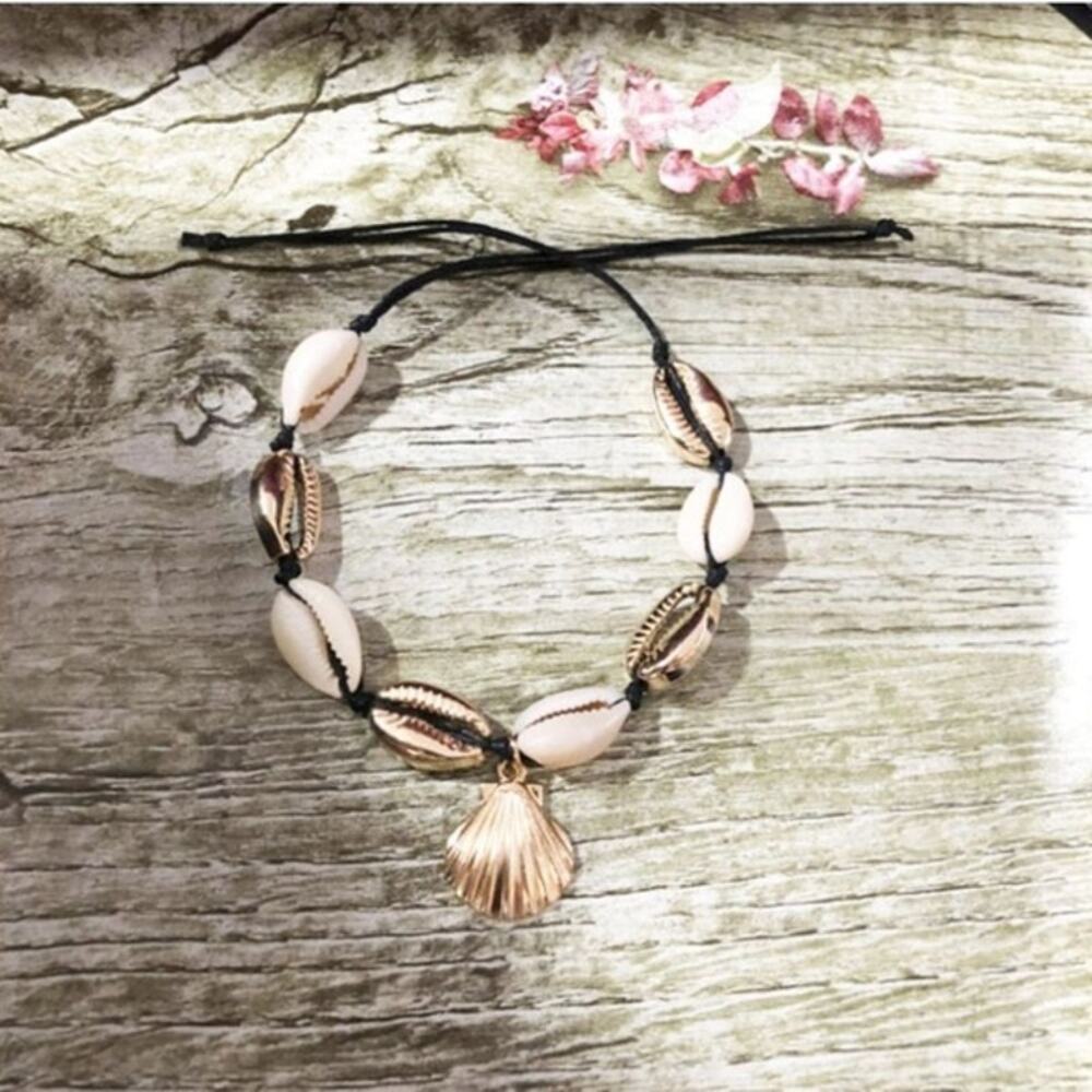 6 Seashell Anklet Bracelets OSFA black cord tie closure half shells silver gold - Picture 3 of 8